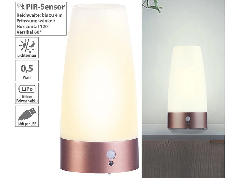 Lunartec Akku Lampe:LED-Akku-Tischlampe Mit PIR-Bewegungs-Sensor, USB, Warmweiß, Rund 3 Lunartec Akku Lampe:LED-Akku-Tischlampe Mit PIR-Bewegungs-Sensor, USB, Warmweiß, Rund