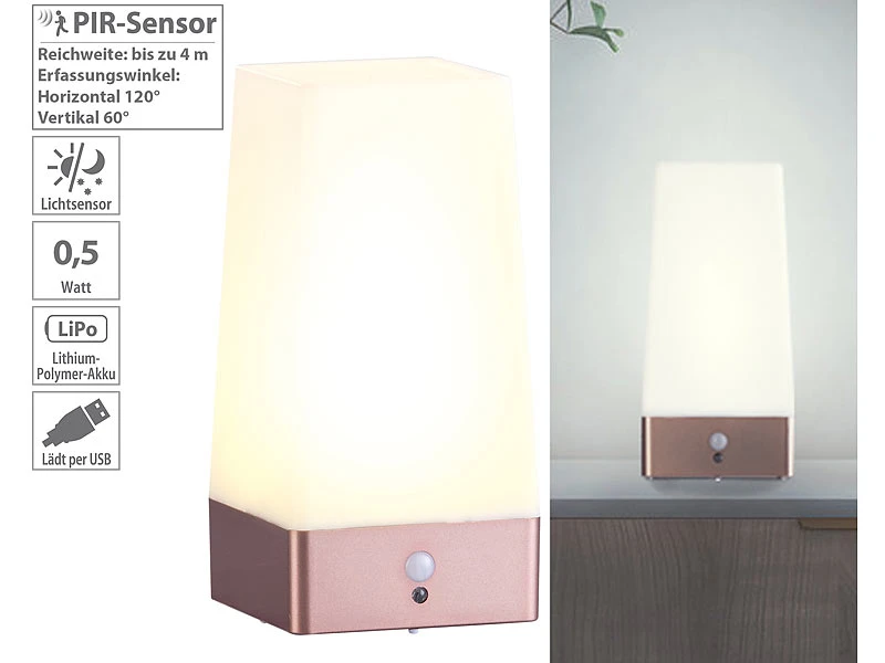 Lunartec LED Akku Tischleuchte:2er-Set LED-Akku-Tischlampen Mit PIR-Bewegungs-Sensor, USB, Warmweiß 7 Lunartec LED Akku Tischleuchte:2er-Set LED-Akku-Tischlampen Mit PIR-Bewegungs-Sensor, USB, Warmweiß – Bild 5