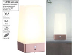 Lunartec Nachttischlampe Mit USB:LED-Akku-Tischlampe Mit PIR-Bewegungs-Sensor, USB, Warmweiß, Eckig