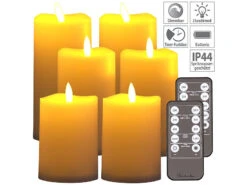 Britesta LED Kerze Outdoor:6er-Set Flackernde LED-Kerzen, Dimmbar, 3 Größen, Fernbedienung, IP44