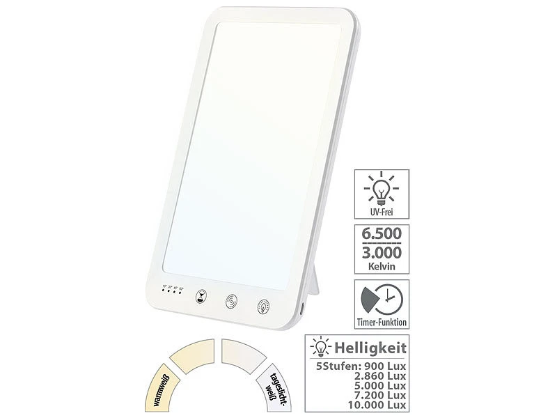 Lunartec Sonnenlichtlampe:CCT-LED-Tageslichtlampe, 10.000 Lux, Dimmbar, Timer, USB-C, 3000-6500K 3 Lunartec Sonnenlichtlampe:CCT-LED-Tageslichtlampe, 10.000 Lux, Dimmbar, Timer, USB-C, 3000-6500K