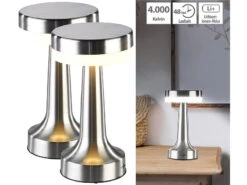 Lunartec LED Tischlampe Kabellos:2er Set LED-Akku-Tischleuchte,3 Dimmstufen,Edelstahl-Optik,1.500 MAh