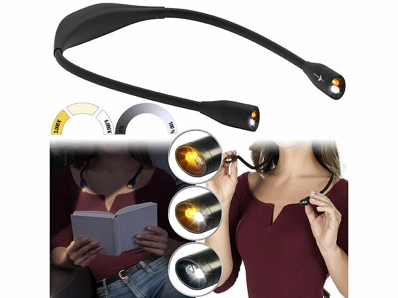 Lunartec Leselampe:LED-Leseleuchte Zum Umhängen, Akku Mit 6 Std. Laufzeit, Dimmbar, 2 W 4 Lunartec Leselampe:LED-Leseleuchte Zum Umhängen, Akku Mit 6 Std. Laufzeit, Dimmbar, 2 W – Bild 2