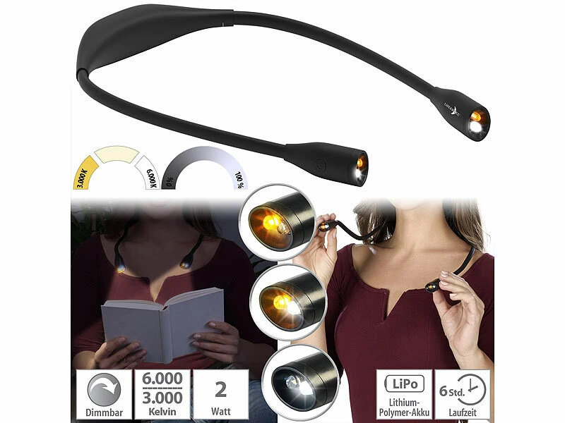 Lunartec Leselampe:LED-Leseleuchte Zum Umhängen, Akku Mit 6 Std. Laufzeit, Dimmbar, 2 W 3 Lunartec Leselampe:LED-Leseleuchte Zum Umhängen, Akku Mit 6 Std. Laufzeit, Dimmbar, 2 W