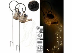 Lunartec Deko-Metallgießkannen:2er Set Solar-Deko-Gießkanne Mit LED Beleuchtung Und Dämmerungssensor
