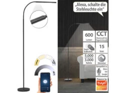 Luminea Home Control WLAN Stehlampe:Smarte WLAN-Stehleuchte, CCT-LEDs, Schwanenhals, Dimmbar, App, Schwarz
