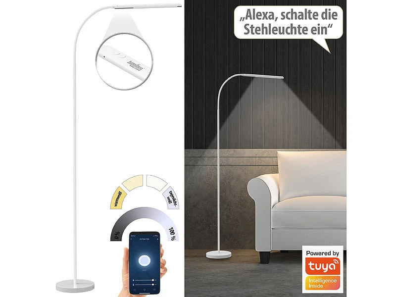 Luminea Home Control Stehlampe:Smarte WLAN-Stehleuchte, CCT-LEDs, Schwanenhals, Dimmbar, App, Weiß 4 Luminea Home Control Stehlampe:Smarte WLAN-Stehleuchte, CCT-LEDs, Schwanenhals, Dimmbar, App, Weiß – Bild 2