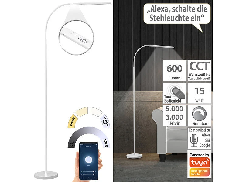 Luminea Home Control Stehlampe:Smarte WLAN-Stehleuchte, CCT-LEDs, Schwanenhals, Dimmbar, App, Weiß 3 Luminea Home Control Stehlampe:Smarte WLAN-Stehleuchte, CCT-LEDs, Schwanenhals, Dimmbar, App, Weiß