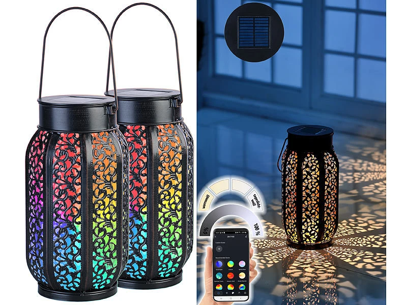 Lunartec Solarwindlichter:Smarte Solar-Laterne Aus Metall Mit RGB-CCT-LEDs, App, 2er-Set 4 Lunartec Solarwindlichter:Smarte Solar-Laterne Aus Metall Mit RGB-CCT-LEDs, App, 2er-Set – Bild 2