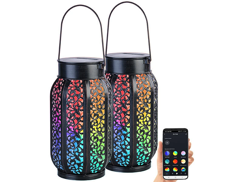 Lunartec Solarwindlichter:Smarte Solar-Laterne Aus Metall Mit RGB-CCT-LEDs, App, 2er-Set 5 Lunartec Solarwindlichter:Smarte Solar-Laterne Aus Metall Mit RGB-CCT-LEDs, App, 2er-Set – Bild 3