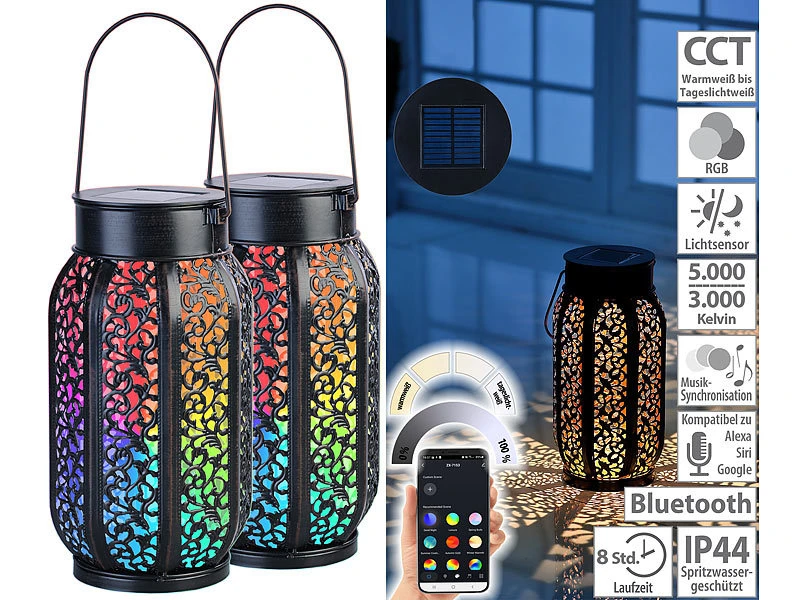 Lunartec Solarwindlichter:Smarte Solar-Laterne Aus Metall Mit RGB-CCT-LEDs, App, 2er-Set 3 Lunartec Solarwindlichter:Smarte Solar-Laterne Aus Metall Mit RGB-CCT-LEDs, App, 2er-Set