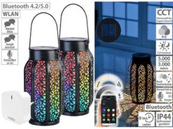 Lunartec Solar-Laterne Mit App:Smarte Solar-Laterne Aus Metall Mit RGB-CCT-LEDs 2er-Set Inkl. Gateway
