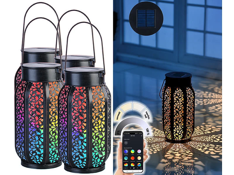 Lunartec Solartischleuchte:Smarte Solar-Laterne Aus Metall Mit RGB-CCT-LEDs, App, 4er-Set 4 Lunartec Solartischleuchte:Smarte Solar-Laterne Aus Metall Mit RGB-CCT-LEDs, App, 4er-Set – Bild 2