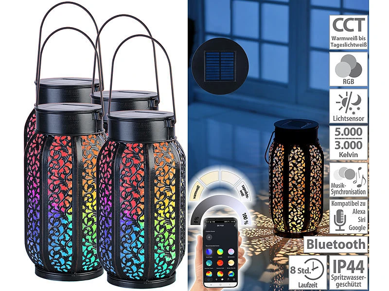 Lunartec Solartischleuchte:Smarte Solar-Laterne Aus Metall Mit RGB-CCT-LEDs, App, 4er-Set 3 Lunartec Solartischleuchte:Smarte Solar-Laterne Aus Metall Mit RGB-CCT-LEDs, App, 4er-Set
