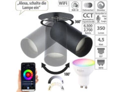 Luminea GU10:WLAN-LED-Spot Mit Schwenkbarer Alu-Wand- & Deckenhalterung, Schwarz