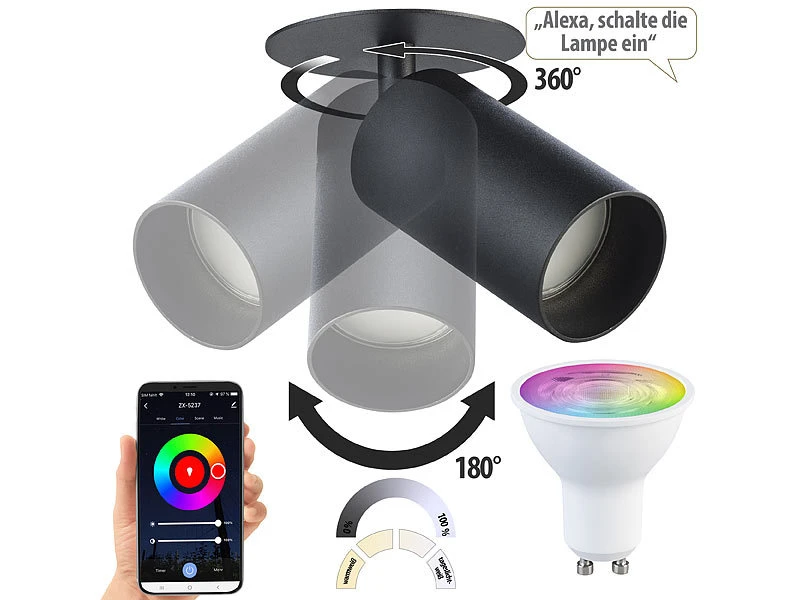 Luminea Lampen Spot:Schwenkbarer Alu-Wand- & Deckenspot, Schwarz, Mit ZigBee-LED-Spot 3 Luminea Lampen Spot:Schwenkbarer Alu-Wand- & Deckenspot, Schwarz, Mit ZigBee-LED-Spot – Bild 2