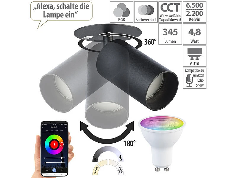 Luminea Lampen Spot:Schwenkbarer Alu-Wand- & Deckenspot, Schwarz, Mit ZigBee-LED-Spot 2 Luminea Lampen Spot:Schwenkbarer Alu-Wand- & Deckenspot, Schwarz, Mit ZigBee-LED-Spot