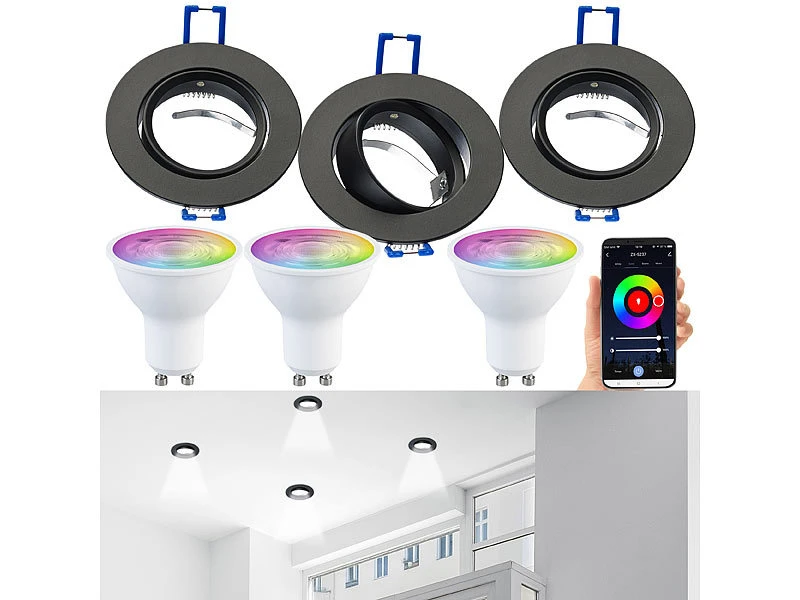 Luminea Einbaufassung:3er-Set Alu-Einbaustrahler-Rahmen, Schwarz, Inkl. ZigBee-LED-Spots 4 Luminea Einbaufassung:3er-Set Alu-Einbaustrahler-Rahmen, Schwarz, Inkl. ZigBee-LED-Spots – Bild 2