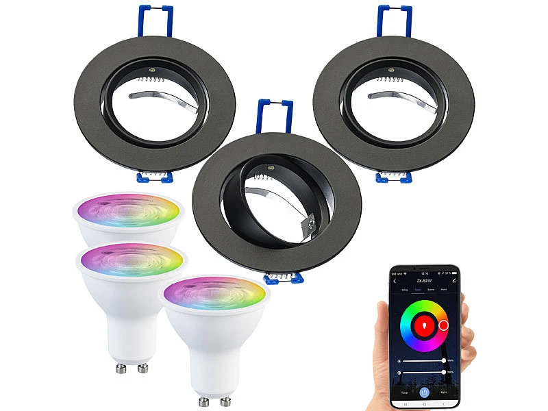 Luminea Einbaufassung:3er-Set Alu-Einbaustrahler-Rahmen, Schwarz, Inkl. ZigBee-LED-Spots 5 Luminea Einbaufassung:3er-Set Alu-Einbaustrahler-Rahmen, Schwarz, Inkl. ZigBee-LED-Spots – Bild 3