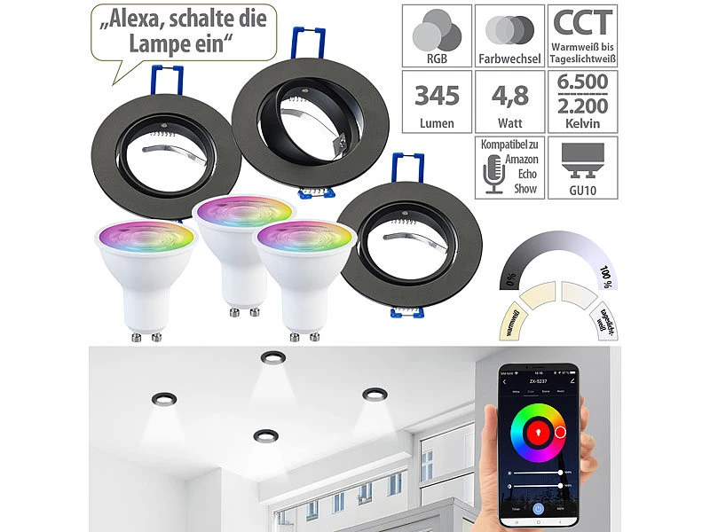 Luminea Einbaufassung:3er-Set Alu-Einbaustrahler-Rahmen, Schwarz, Inkl. ZigBee-LED-Spots 3 Luminea Einbaufassung:3er-Set Alu-Einbaustrahler-Rahmen, Schwarz, Inkl. ZigBee-LED-Spots