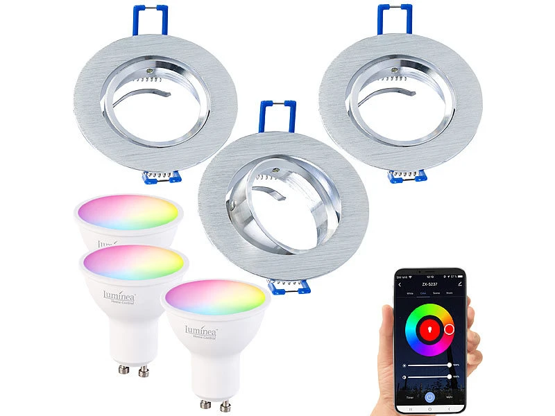 Luminea GU10 RGB:3er-Set Alu-Einbaustrahler-Rahmen Mit WLAN-LED-Spots, 350 Lm, App 5 Luminea GU10 RGB:3er-Set Alu-Einbaustrahler-Rahmen Mit WLAN-LED-Spots, 350 Lm, App – Bild 3