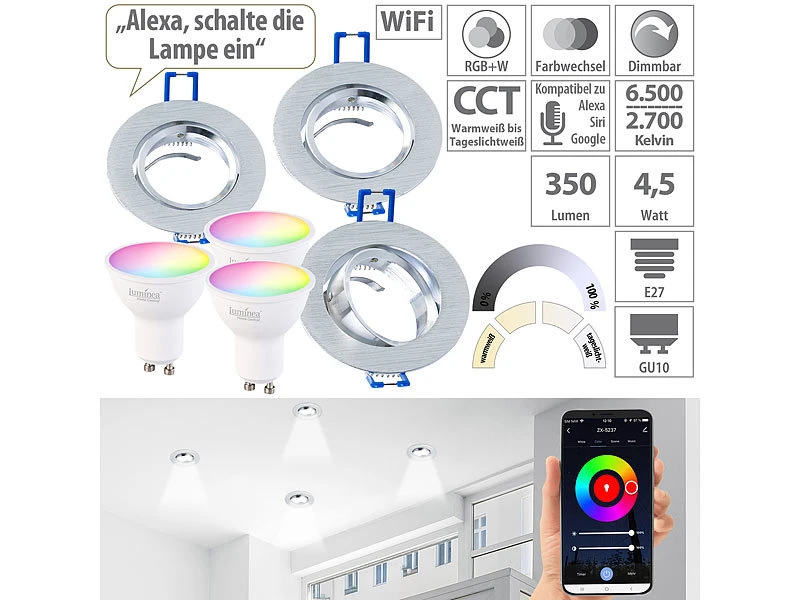 Luminea GU10 RGB:3er-Set Alu-Einbaustrahler-Rahmen Mit WLAN-LED-Spots, 350 Lm, App 3 Luminea GU10 RGB:3er-Set Alu-Einbaustrahler-Rahmen Mit WLAN-LED-Spots, 350 Lm, App
