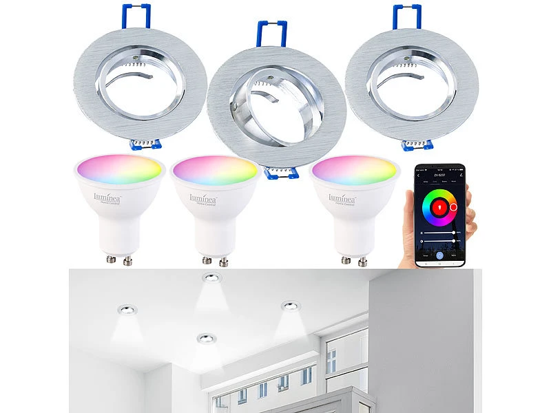 Luminea GU10 RGB:3er-Set Alu-Einbaustrahler-Rahmen Mit WLAN-LED-Spots, 350 Lm, App 4 Luminea GU10 RGB:3er-Set Alu-Einbaustrahler-Rahmen Mit WLAN-LED-Spots, 350 Lm, App – Bild 2