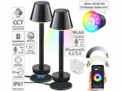 Lunartec Tischlampe Akkubetrieb:2er-Set Smarte Outdoor-Tischlampe Mit WLAN-Gateway, RGB-CCT-LEDs, App