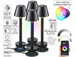 Lunartec Kabellose LED-Tischlampe:4er-Set Smarte Outdoor-Tischlampe Mit WLAN-Gateway, RGB-CCT-LEDs, App