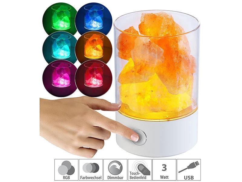 Lunartec Salzlampe:RGB-LED-Tischleuchte Mit Natürlichen Salzkristallen, 7 Farben, USB, 3W 3 Lunartec Salzlampe:RGB-LED-Tischleuchte Mit Natürlichen Salzkristallen, 7 Farben, USB, 3W