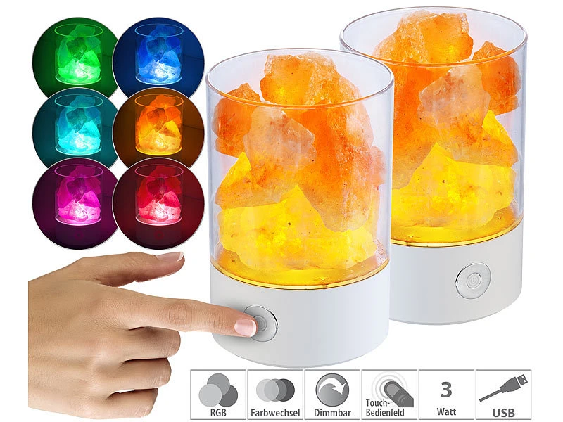 Lunartec USB Lampe:2er-Set RGB-LED-Tischleuchten: 7 Farben, Natürliche Salzkristalle, 3 W 3 Lunartec USB Lampe:2er-Set RGB-LED-Tischleuchten: 7 Farben, Natürliche Salzkristalle, 3 W