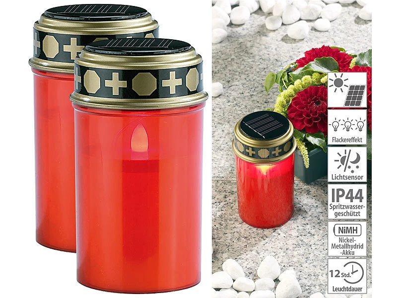 PEARL Grabkerzen:2er-Set Solar-LED-Grablichter Mit Dauerlicht, Rot 3 PEARL Grabkerzen:2er-Set Solar-LED-Grablichter Mit Dauerlicht, Rot