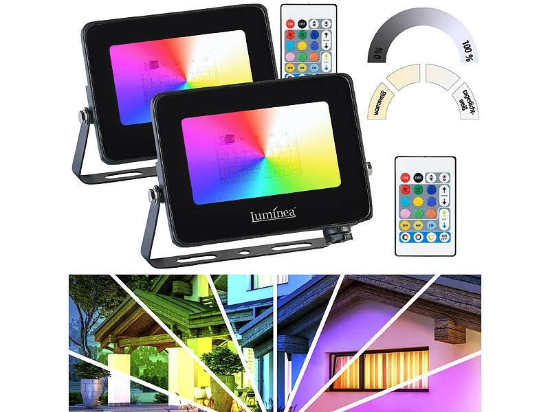 Luminea LED Strahler Bunt:2er-Set Wetterfeste Outdoor-Fluter, RGB-CCT-LEDs, 15 W, 1.250 Lm, IP65 4 Luminea LED Strahler Bunt:2er-Set Wetterfeste Outdoor-Fluter, RGB-CCT-LEDs, 15 W, 1.250 Lm, IP65 – Bild 2