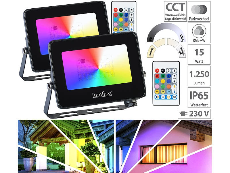 Luminea LED Strahler Bunt:2er-Set Wetterfeste Outdoor-Fluter, RGB-CCT-LEDs, 15 W, 1.250 Lm, IP65 3 Luminea LED Strahler Bunt:2er-Set Wetterfeste Outdoor-Fluter, RGB-CCT-LEDs, 15 W, 1.250 Lm, IP65